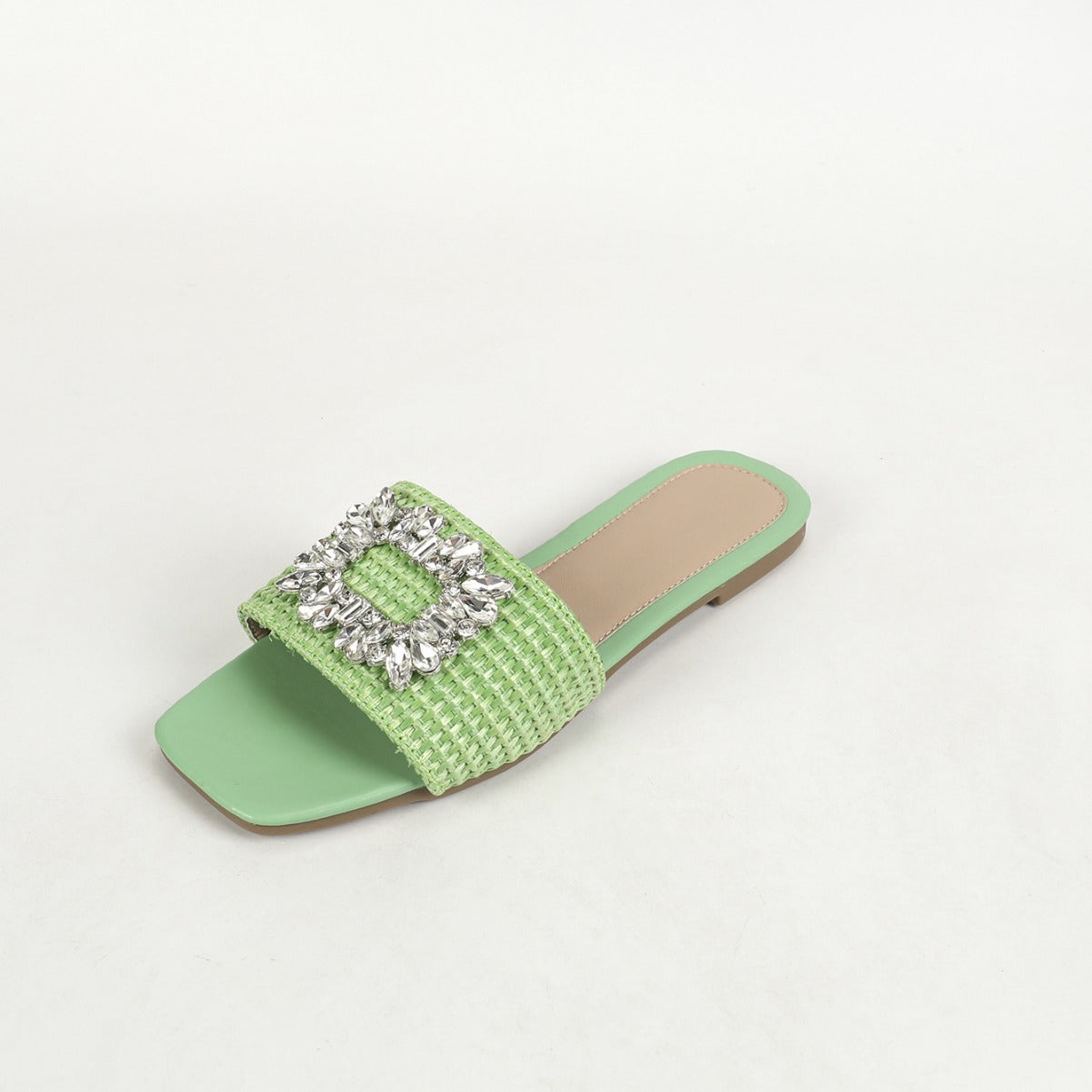Claquettes pour femme à bout carré avec paille et strass – plates, idéales pour les vacances, les loisirs et toutes les tenues