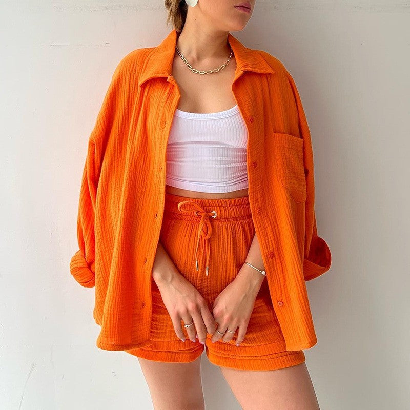 Chemise à col chambray printanier à manches longues + Short taille haute avec cordon de serrage