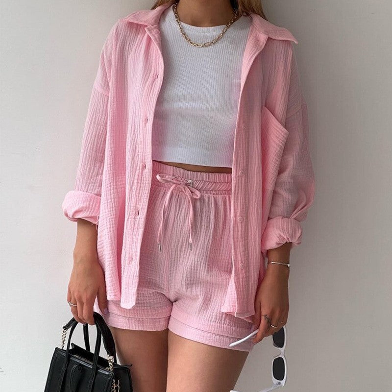 Chemise à col chambray printanier à manches longues + Short taille haute avec cordon de serrage