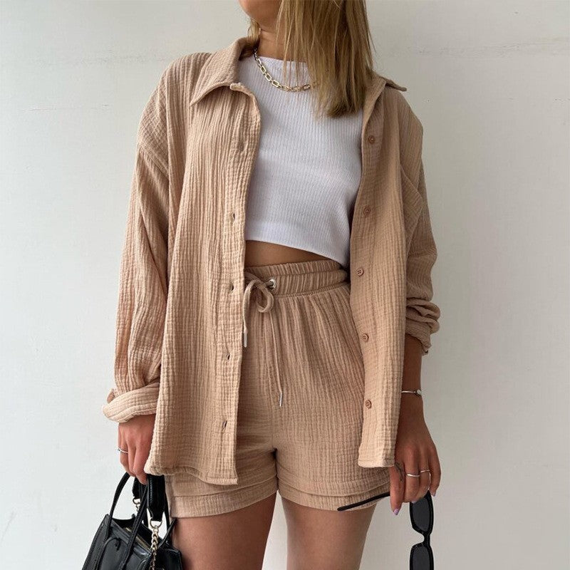 Chemise à col chambray printanier à manches longues + Short taille haute avec cordon de serrage