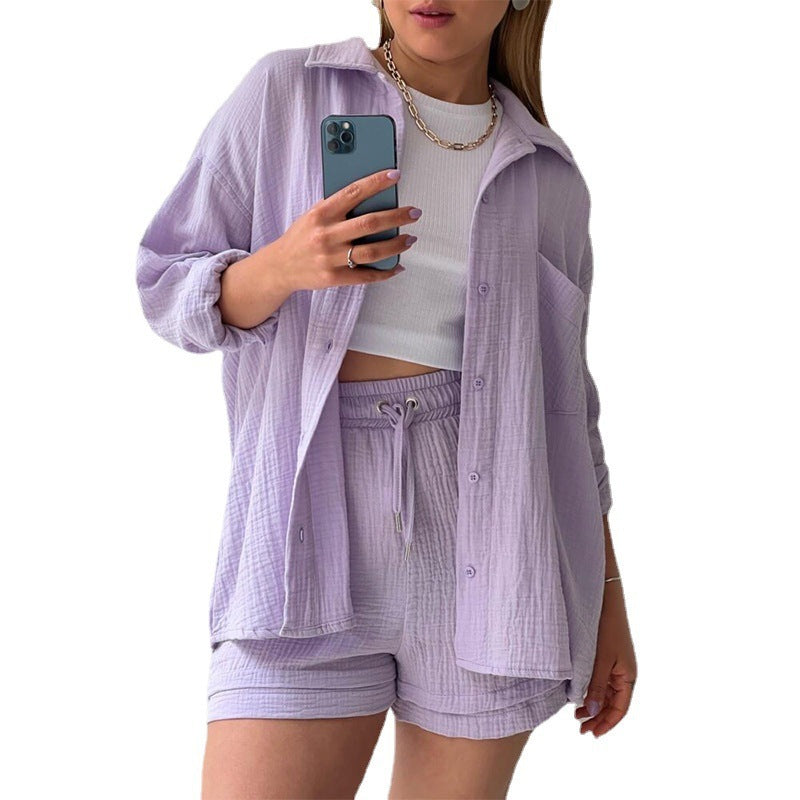 Chemise à col chambray printanier à manches longues + Short taille haute avec cordon de serrage