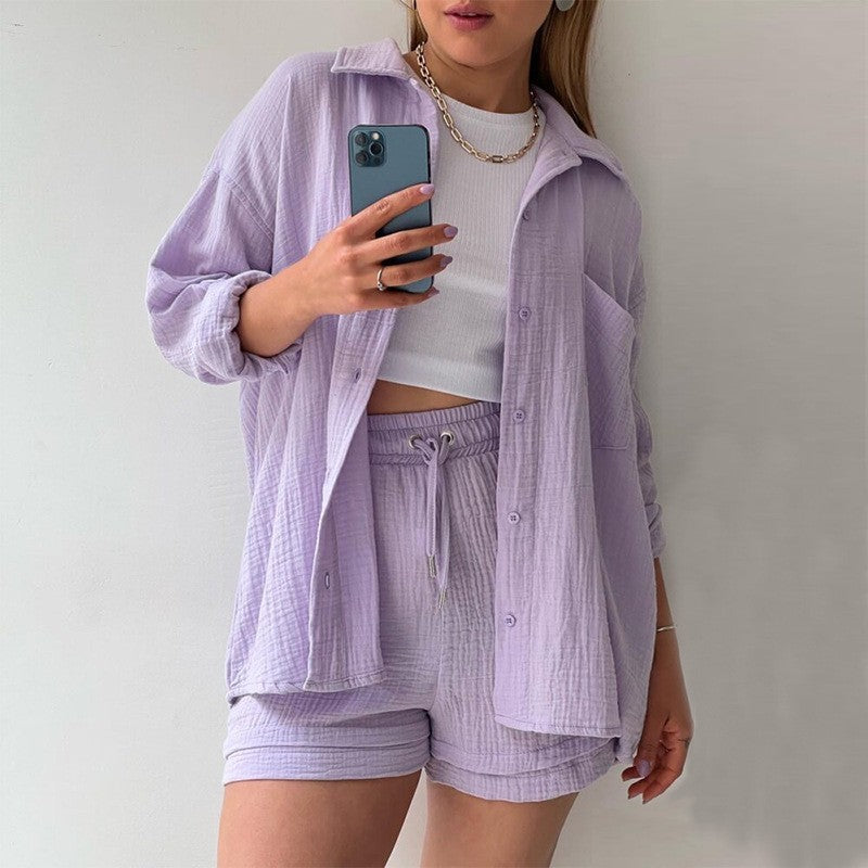 Chemise à col chambray printanier à manches longues + Short taille haute avec cordon de serrage