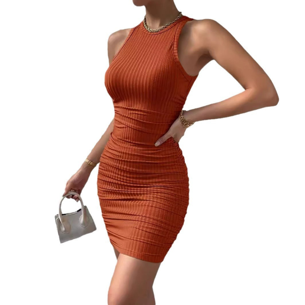 Robe sans manches à col rond, plissée, ajustée, élastique, avec une jupe courte, idéale pour une soirée, cintrée aux hanches
