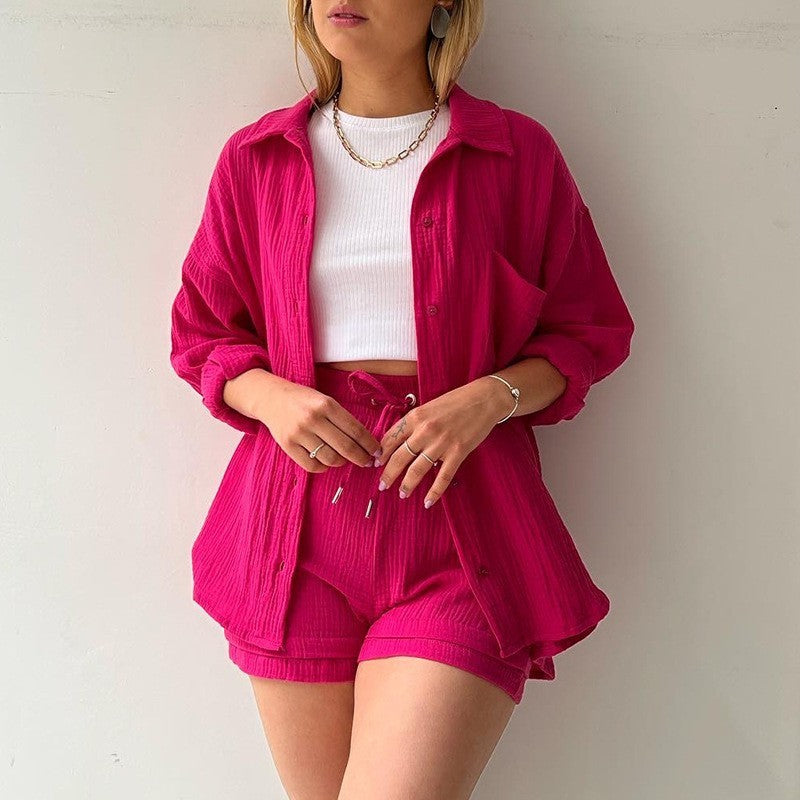 Chemise à col chambray printanier à manches longues + Short taille haute avec cordon de serrage