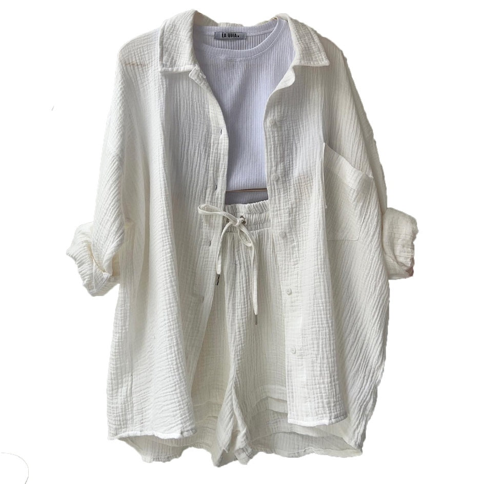 Chemise à col chambray printanier à manches longues + Short taille haute avec cordon de serrage