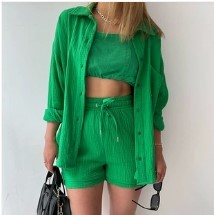 Chemise à col chambray printanier à manches longues + Short taille haute avec cordon de serrage