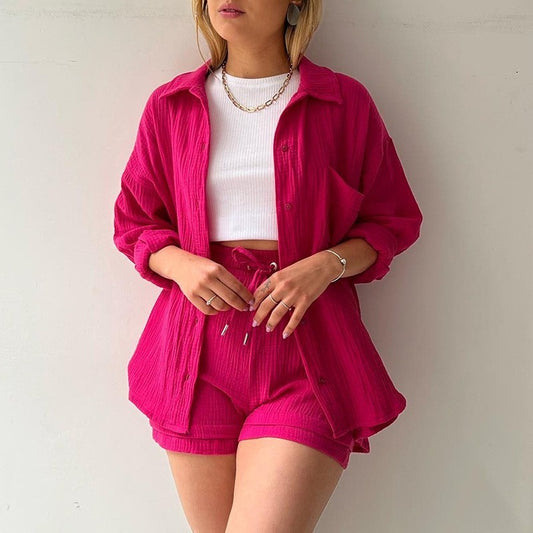 Chemise à col chambray printanier à manches longues + Short taille haute avec cordon de serrage