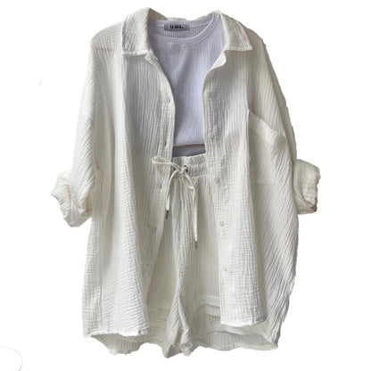 Chemise à col chambray printanier à manches longues + Short taille haute avec cordon de serrage