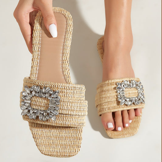 Claquettes pour femme à bout carré avec paille et strass – plates, idéales pour les vacances, les loisirs et toutes les tenues